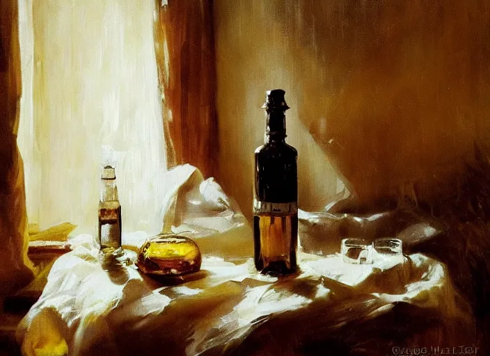 Image similar to oil painting of whiskey bottle, barley grain, art by anders zorn, wonderful masterpiece by greg rutkowski, beautiful cinematic light, american romanticism by greg manchess, creation by tyler edlin, folds of fabric, tablecloth, curtains, shiny oak table, polished wood