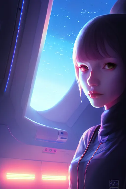 Prompt: a young, slender girl, girl in spaceship, engineering bay, photo realistic, dynamic lighting, artstation, poster, volumetric lighting, 4 k, award winning, a detailed painting by ross tran hyperdetalized, anime | 2 d game art | official art, smooth, cyberpunk, tech