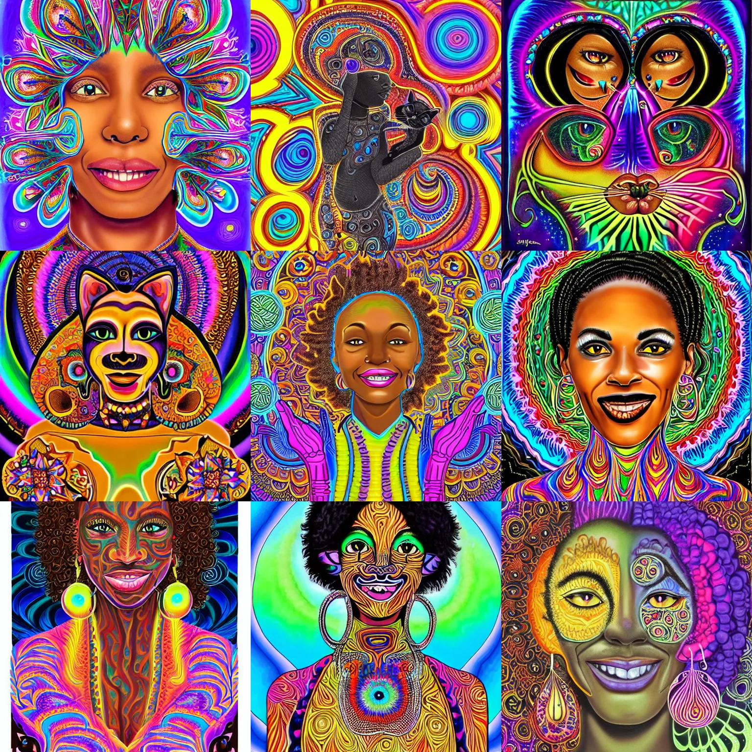 Prompt: an adult black woman, light skin, colorful ornate earrings, curly 3 c black hair, smile on her face, brown eyes, holding her small black bombay cat, trending on a psychedelic illustration showing the ego. by alex grey, highly detailed, highly colorful, psychedelic