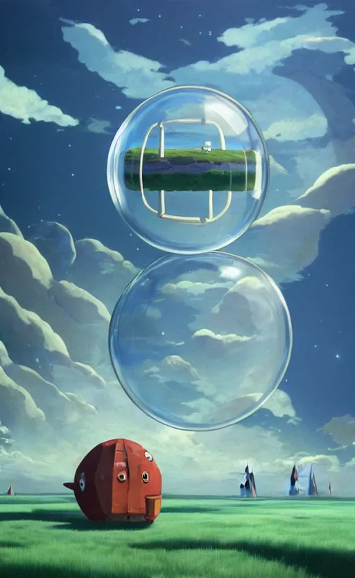 Image similar to a scary hyperrealist painting of a rocketship in a giant transparent cubic bubble from howl's moving castle ( 2 0 0 4 ) in a flooded monument valley stonehenge jungle. depth perception, 4 k, artstation, in the style of studio ghibli