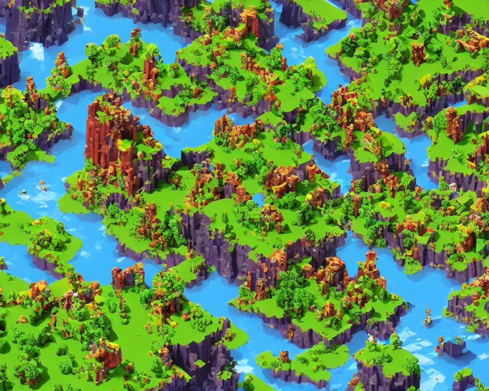 Image similar to the beastlands, isometric, made with voxels, avatar ( 2 0 0 9 ), lush landscape, jungle landscape