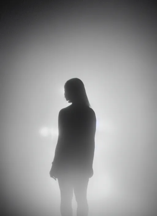 Image similar to a female silhouette, bright glowing translucent aura, fog, film grain, cinematic lighting
