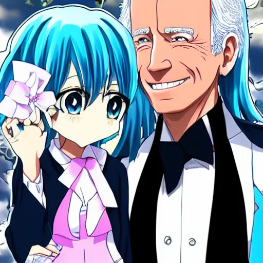 Prompt: anime depiction of Joe Biden marrying Hatsune Miku