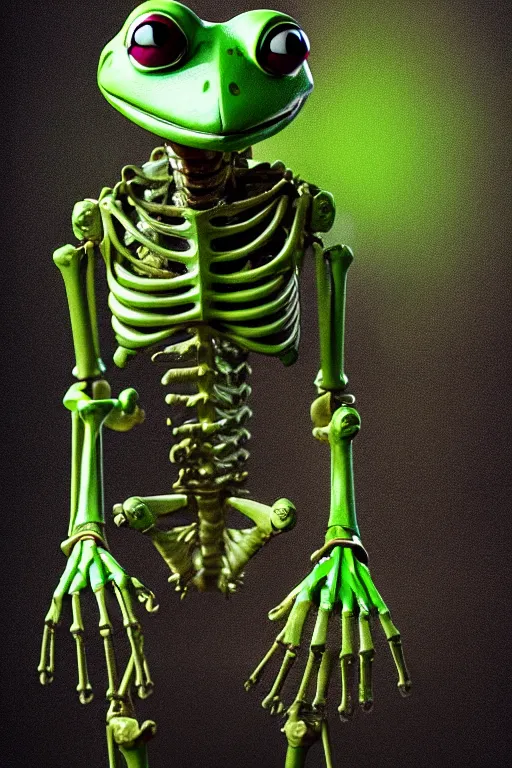 Image similar to movie poster of kermit the terminator, chromatic humanoid skeleton frog skeleton hybrid, robot, ultra realistic, cinematic lighting hd photography,