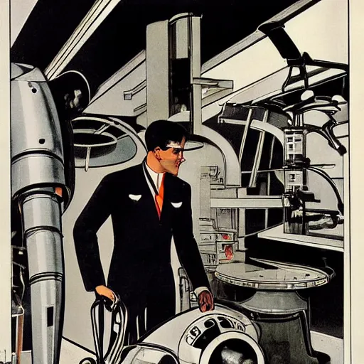 Prompt: man in futurist 6 0 ´ s lab, machines and futurist robots, leyendecker style, black suit