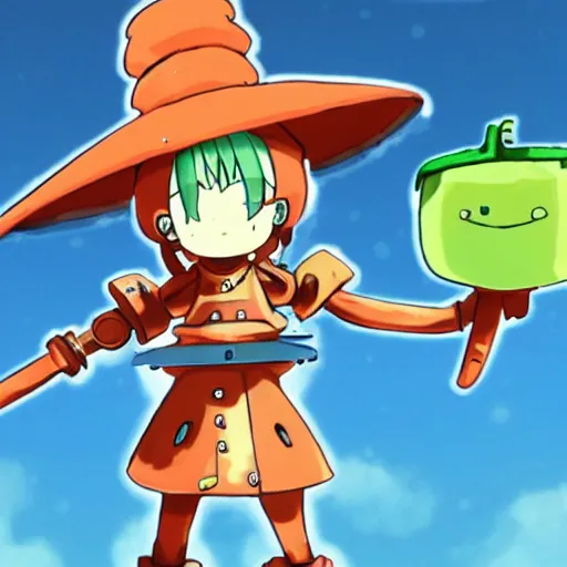 Image similar to cute robot with big tomato hat and a carrot sword, made in abyss style