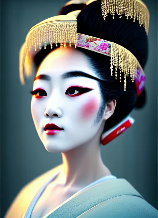 Image similar to Geisha photo portrait, beautiful makeup, pearlescent skin, elegant pose, highly detailed kimono, photorealism, artstation, different point of view, sharp focus, photorealistic, soft diffuse lights, canon 5D 50 mm lens, zen natural background, def of field