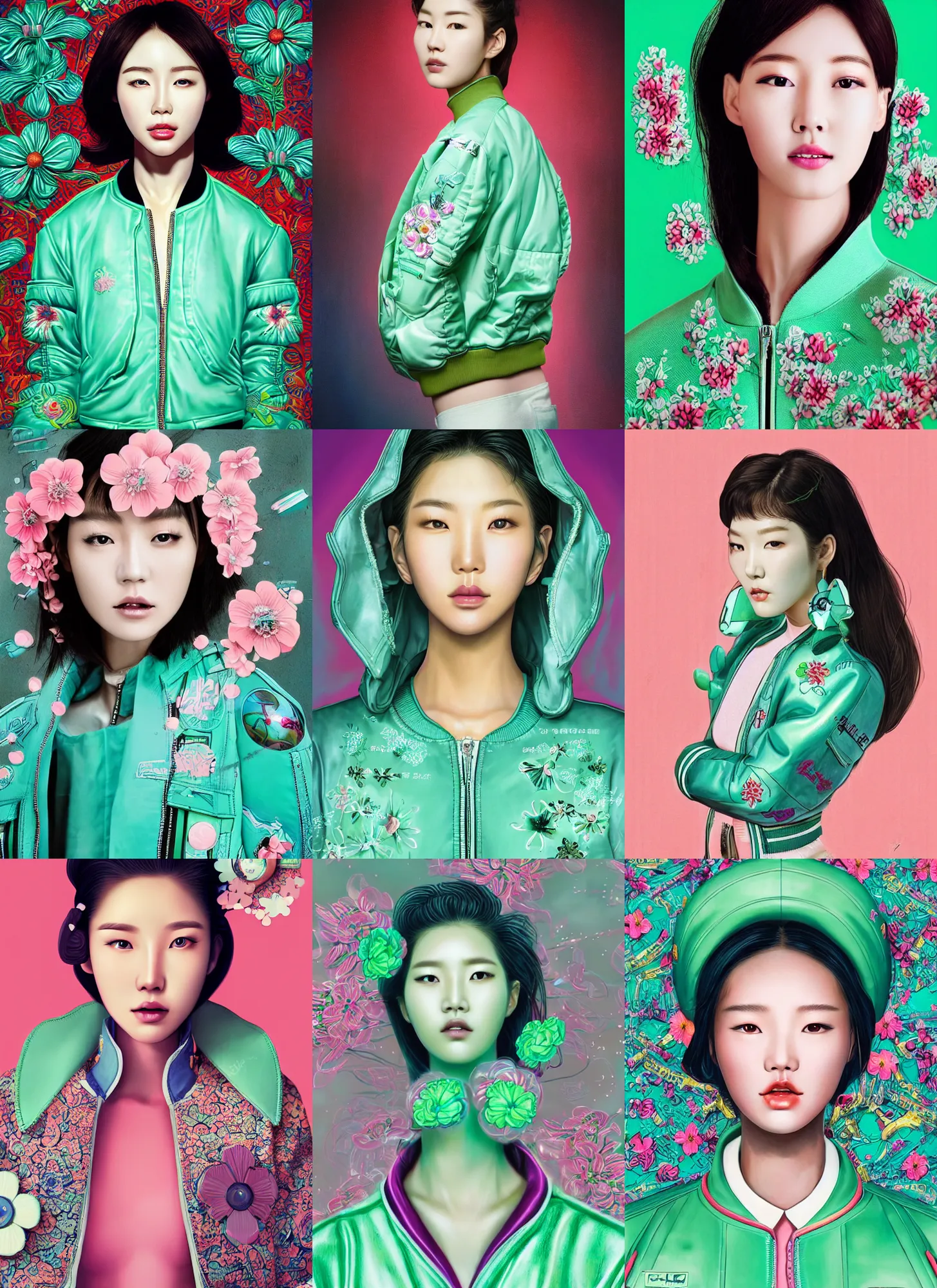 Prompt: korean female cyborg model portrait wearing a mint - colored bomber jacket with flower ornament pattern, eighties look, retro, beautiful lights, vintage look, depth of field, hyper realistic, illustration, airbrush, 8 k, intricate, duo tone, art by david la chapelle and philip castle, artgerm