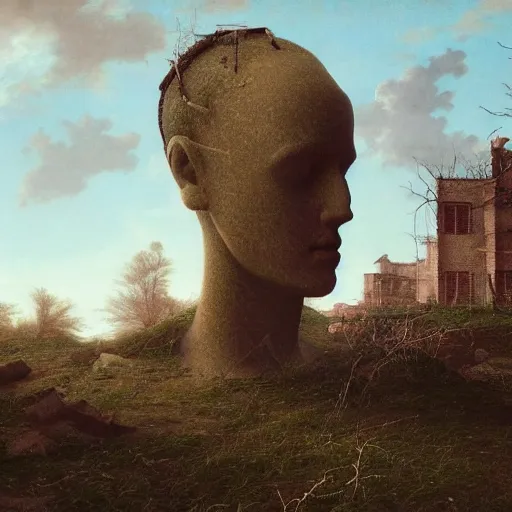 Image similar to hyperrealistic surrealism, David Friedrich, award winning masterpiece with incredible details, Zhang Kechun, a surreal vaporwave vaporwave vaporwave vaporwave vaporwave painting by Thomas Cole of a gigantic broken mannequin head sculpture in ruins, astronaut lost in liminal space, highly detailed, trending on ArtStation