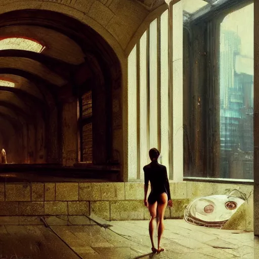 Image similar to a woman emerging from a gyroscopic shell, moment, cyberpunk cloisters, displays, tech noir, wet reflections, atmospheric, ambient, livia prima, greg rutkowski, edward hopper