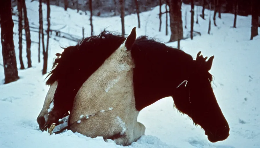 Image similar to 1 9 6 0 s movie still close up of marcus aurelius frozen to death under the snow, a horse frozen under the snow by the side of a river with gravel, pine forests, cinestill 8 0 0 t 3 5 mm, high quality, heavy grain, high detail, texture, dramatic light, anamorphic, hyperrealistic, detailed hair, foggy