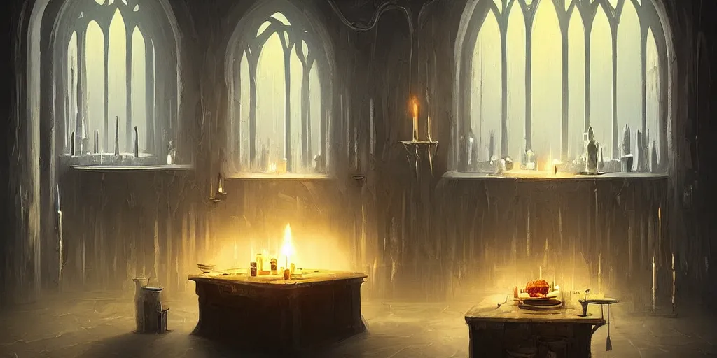 Prompt: gothic interior epic illustration of a kitchen dim lit by 1 candle in a scenic environment by Christopher Balaskas