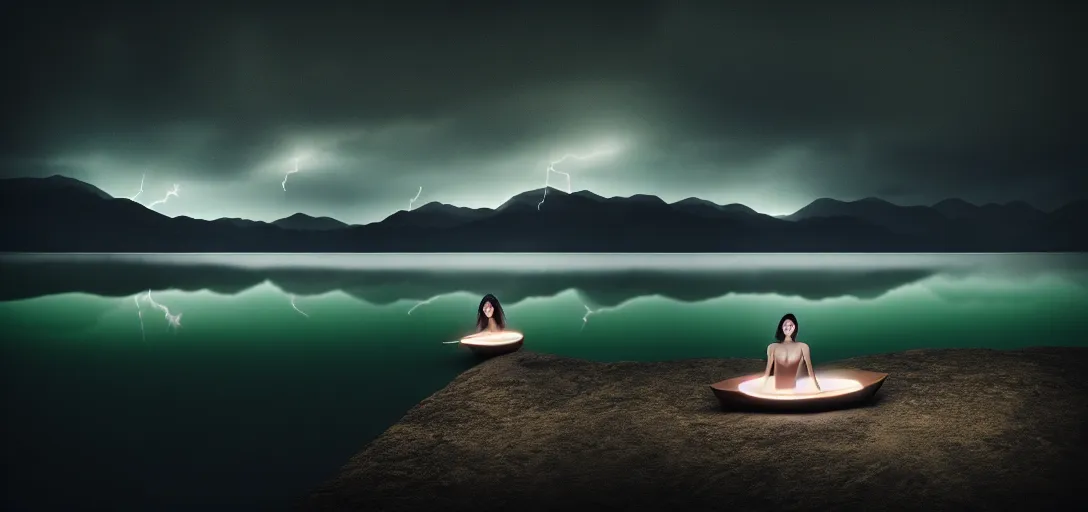 Image similar to medium closeup shot, flash photography of a woman floating in the lake, mountains, dark sky and night lightning, by ren hang, long exposure, octane render, unreal engine, high details