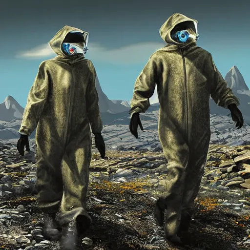 Prompt: a surreal landscape with towers in a harsh environment, two figures dressed in biohazard suits are walking, digital art