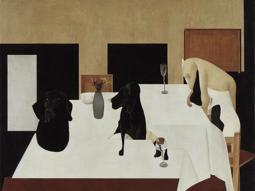 Prompt: Black dog, table, white dress. Alex Colville, Piero della Francesca