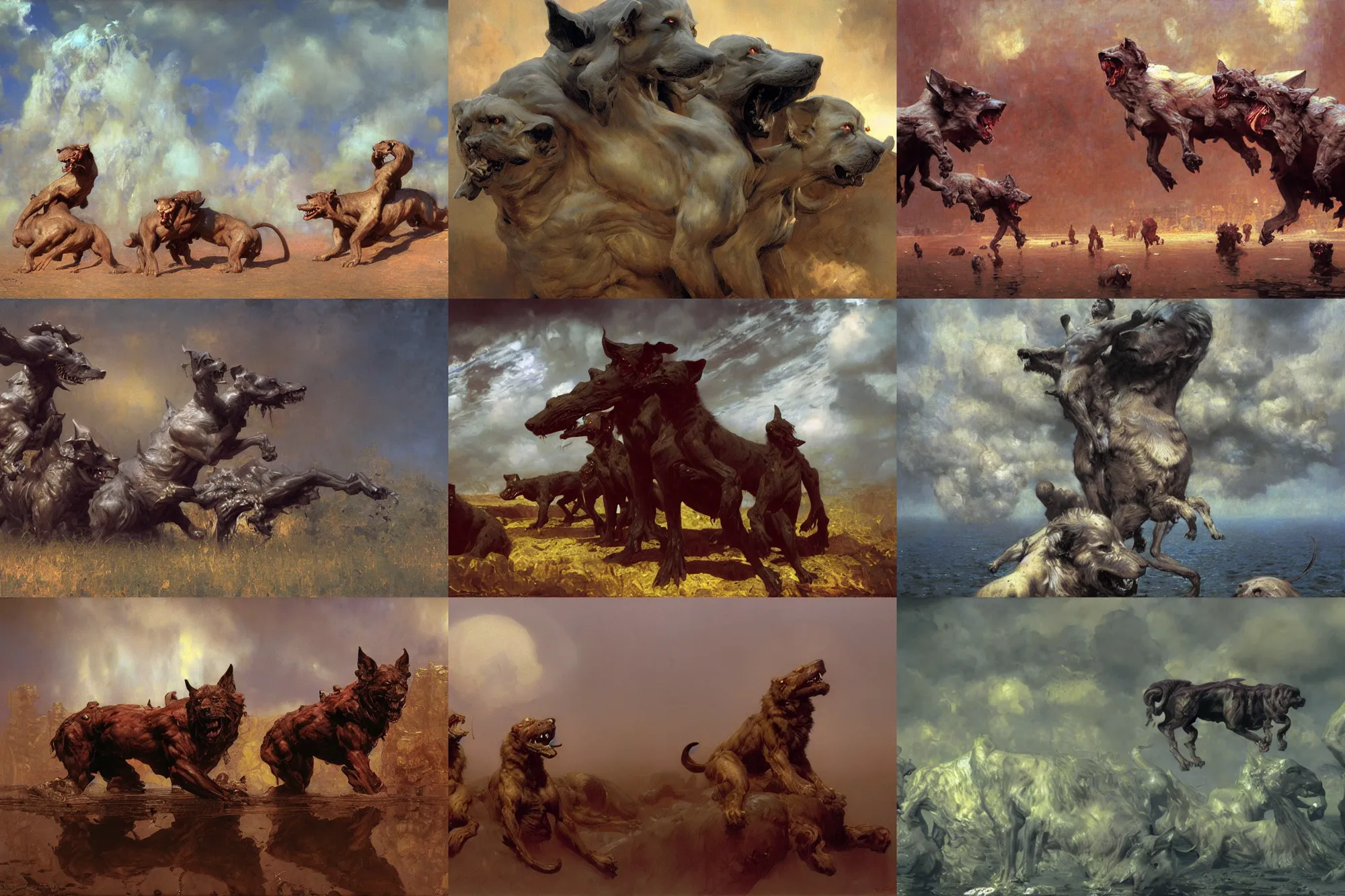 Image similar to hyperdetailed matte art of cerberus by ilya repin, amano, rene magritte, craig mullins