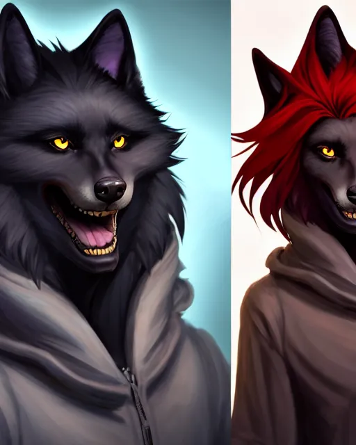 Prompt: character concept art of a black anthropomorphic furry male wolf with red hair | | cute - fine - face, pretty face, key visual, realistic shaded perfect face, fine details by stanley artgerm lau, wlop, rossdraws, james jean, andrei riabovitchev, marc simonetti, and sakimichan, trending on artstation