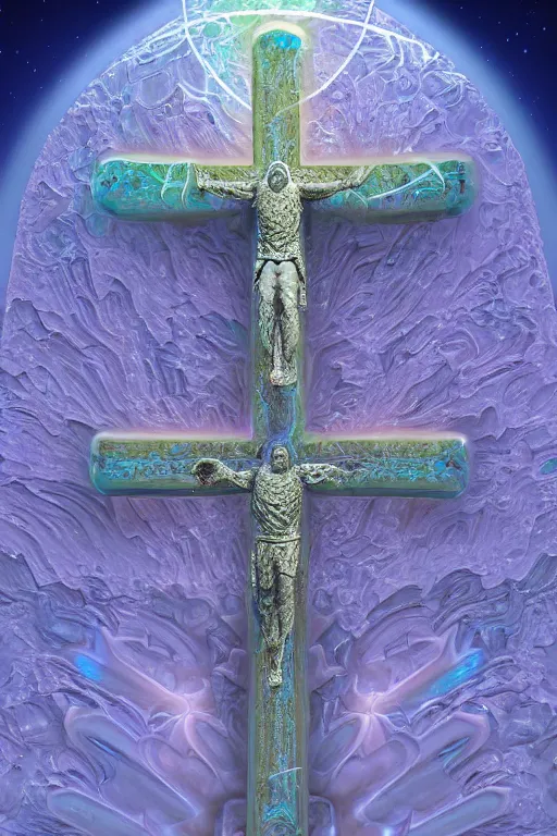 Image similar to a crystalline 3 d mandelbulb fractal in the shape of jesus christ on the cross, bioluminescent opal, fractal, magnificent lighting, ethereal, ray tracing, octane, holographic