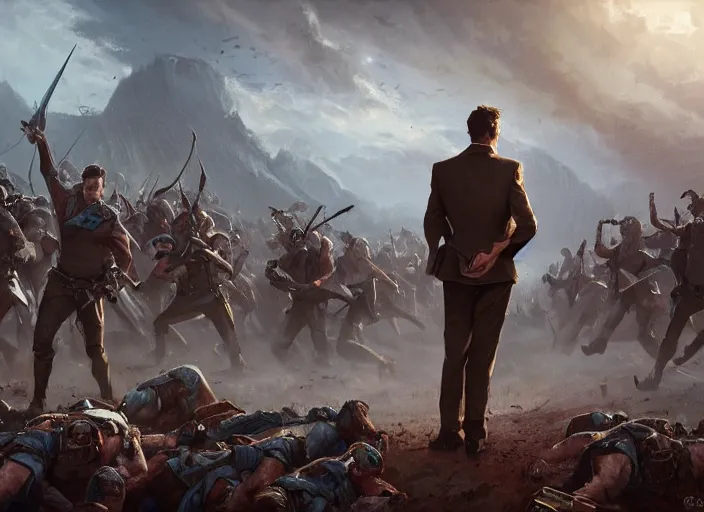 Prompt: epic cinematic action artwork of a man in his twenties with brown hair wearing a blue business suit and holding a briefcase standing defiantly in front of an army of warriors by Greg Rutkowski, 4k, masterpiece