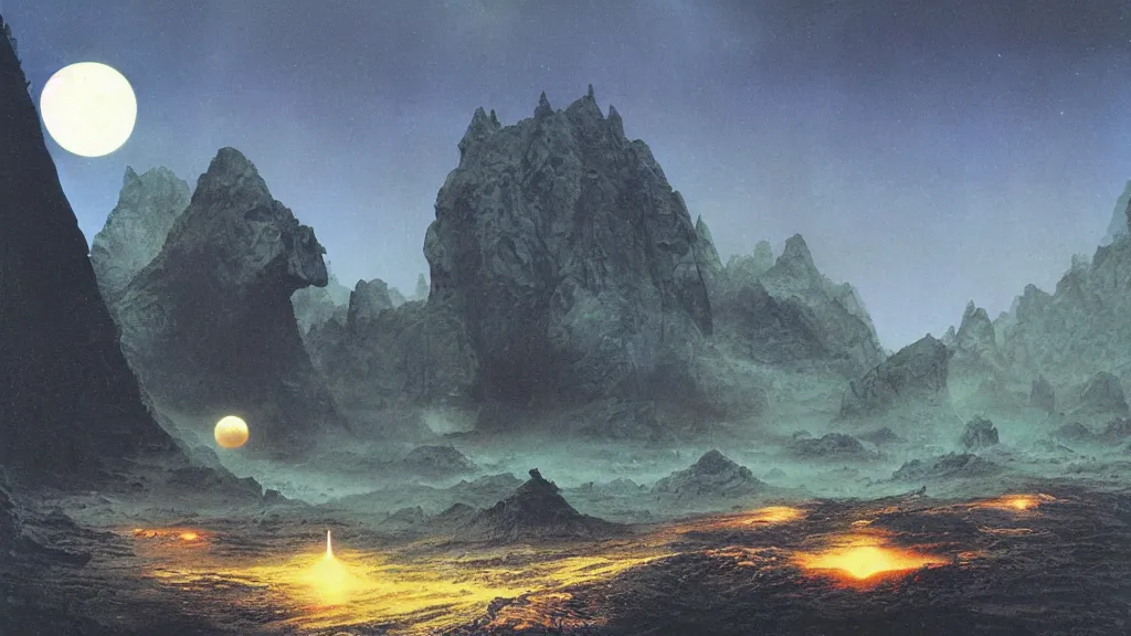 Image similar to eerie atmospheric alien planet by angus mckie and bob eggleton and chris moore, epic cinematic matte painting