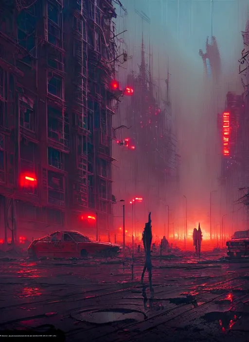 Image similar to masterpiece concept art, apocalyptic neon world, by greg rutkowski and geof darrow, 8 k, intricate detail, cinematic lighting