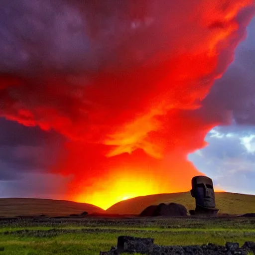 Image similar to a red sky and molten ground landscape, easter island heads are sinking in to the ground crumbling and seems to be fighting a storm or volcano