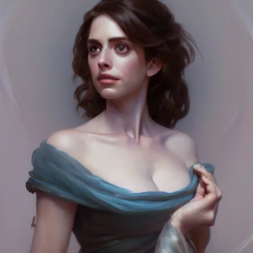 Image similar to a portrait painting of alison brie / anne hathaway / rachel lane hybrid in the oil painting unreal 5 daz. rpg portrait, extremely detailed artgerm greg rutkowski alphonse mucha vladimir volegov