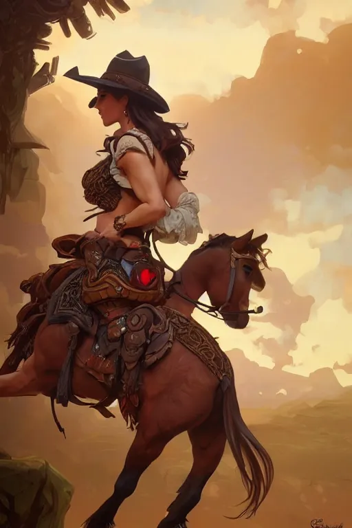 Image similar to beautiful female cowgirl, full body shot, d & d, fantasy, intricate, elegant, highly detailed, digital painting, artstation, concept art, matte, sharp focus, illustration, hearthstone, art by artgerm and greg rutkowski and alphonse mucha