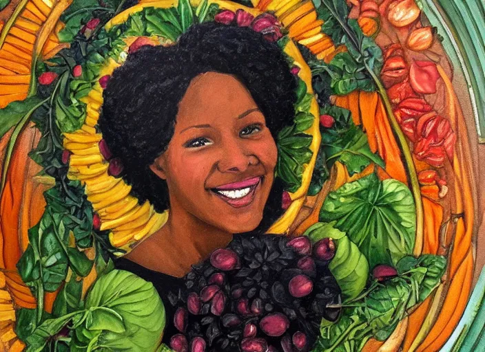 Image similar to an art nouveau oil painting of a beautiful, smiling black woman entirely made from vegetables, flowers and fruits, within a circle