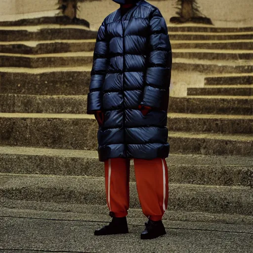 Image similar to realistic photoshooting for a new issey miyake lookbook, color film photography, portrait of a beautiful woman, model is wearing a futuristic puffer jacket, in style of tyler mitchell, 3 5 mm,