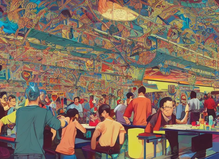 Image similar to Singapore prime ministers in a hawker centre, Tristan Eaton, victo ngai, artgerm, RHADS, ross draws