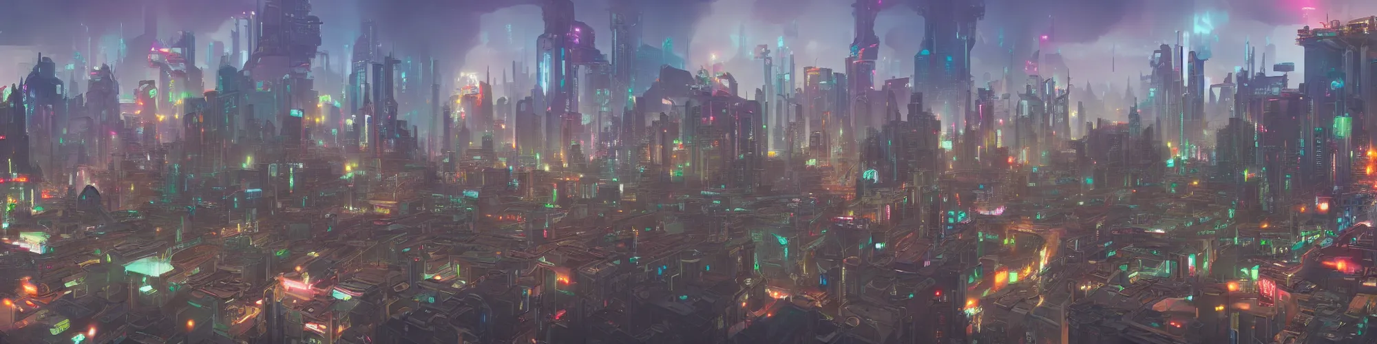 Image similar to Panorama view of cyberpunk city from the street level, art style by pete mohrbacher and artgerm