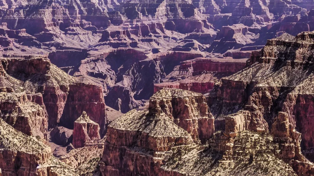 Image similar to an atmospheric film still by denis villeneuve featuring a dark gothic cathedral carved out of rock at the top of the grand canyon