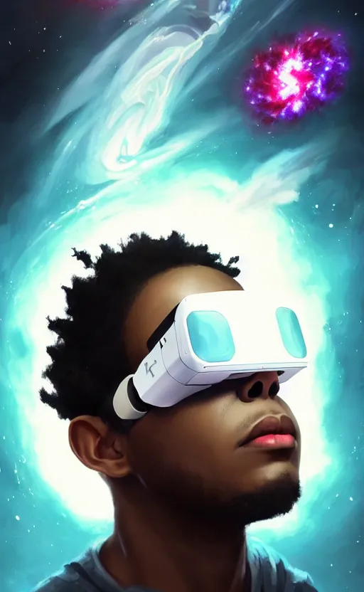 Prompt: handsome black genius hacking the metaverse, vr headset, white t - shirt and jordans, flying through spacetime, exploding nebulae, highly detailed, digital painting, artstation, concept art, smooth, sharp focus, illustration, art by wlop, uang guangjian and gil elvgren and sachin teng and greg rutkowski