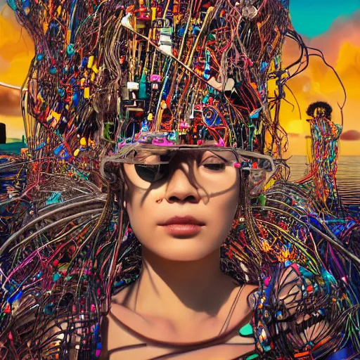 Image similar to swimming deeper into the multiverse, piles of modular synth cables mixed with mangrove roots, kawaii puerto rican goddess chilling out wearing a headpiece made of circuit boards, by cameron gray, wlop, stanley kubrick, masamune, hideki anno, jamie hewlett, unique perspective, trending on artstation, 3 d render, vivid