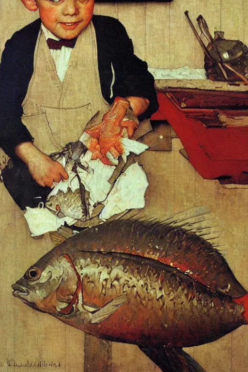 Image similar to a portrait painting of a fish. Painted by Norman Rockwell