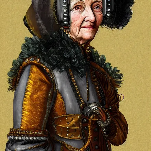 Prompt: portrait headshot digital painting of a old 17th century old lady cyborg merchant, amber jewels clorful feathers baroque ornate clothing