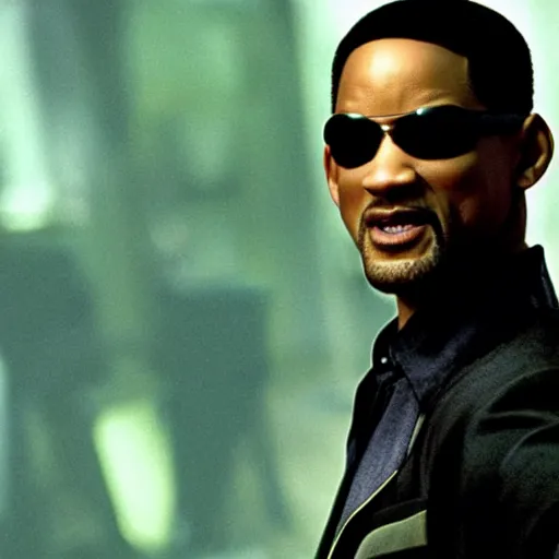 Image similar to A still of Will Smith as Neo from The Matrix. Extremely detailed. Beautiful. 4K. Award winning.