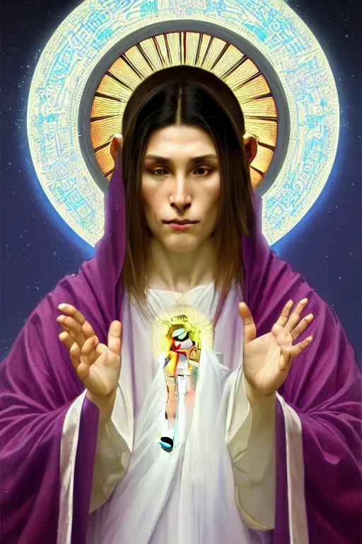 Prompt: bizantine icon portrait of a holy monkey, radiant halo, priestly fluent robes, blessing pose, by greg rutkowski and alphonse mucha, d & d character, gradient cyan to white, painted clouds background, highly detailed portrait, digital painting, artstation, concept art, smooth, sharp focus ilustration, artstation hq