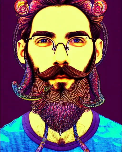 Prompt: detailed hipster skinny man with bif headset virtual reality, long vibrant colored beard, dmt, by james gurney + intricate and vibrant work + portrait + trending on artstation + incredible gothic illustration + exquisite detail