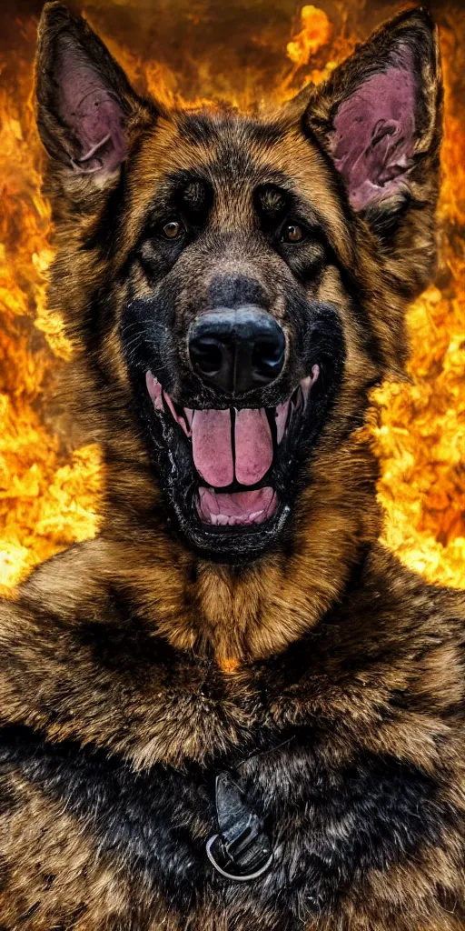 Prompt: close up character portrait icon of the german shepard beast - man military uniform head animal person wearing clothes standing in hell landscape, 4 k, tone mapping