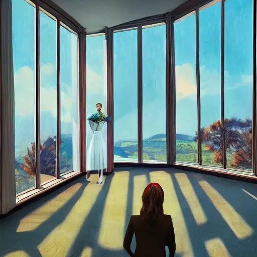 Prompt: huge daisy flower head, woman in suit, standing next to modern windows in luxury apartment, surreal photography, sunlight, impressionist painting, digital painting, artstation, simon stalenhag