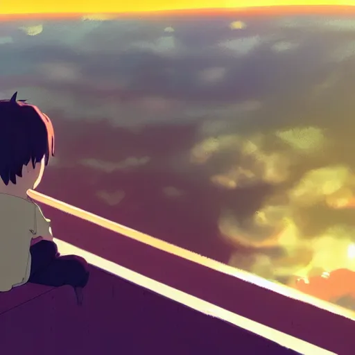 Image similar to A lonely child cries because it has no friends, Makoto Shinkai style, interior, sunset out the window