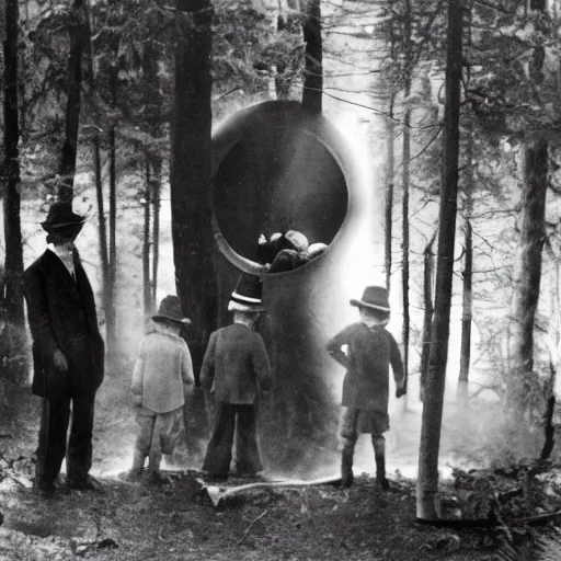 Prompt: a photo of in the dark in the forrest. 4 tall men with long pointed hats stand surrounding a small fire in a circular hole. a frightened boy is watching from the shadows.