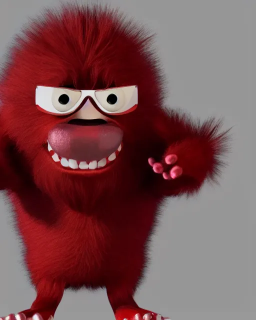 Image similar to 3 d render of completely red hairy friendly antropomorphic cartoony creature wearing chrome shades, without nose, full body, in the style of pixar, white background, unreal engine 5, octane render, highly detailed hdr