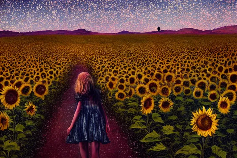 Image similar to huge sunflower head, girl walking in wheat field, hills, surreal photography, dark night, star trails, dramatic light, impressionist painting, clouds, digital painting, artstation, simon stalenhag