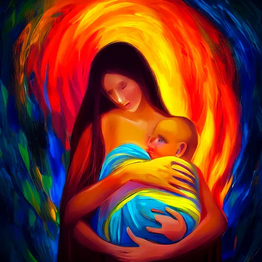 Prompt: beautiful woman cradling her child made of colorful fire by stanley lau, elegant, colorful, loving