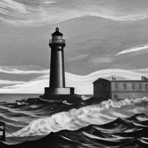 Image similar to an engraving of a storm battering a lighthouse by edward hopper