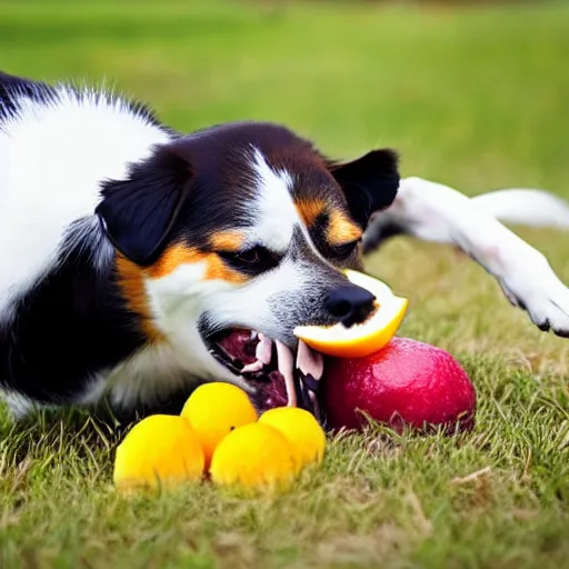 Image similar to dog biting fruit