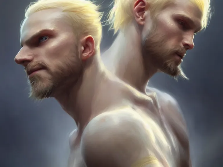 Image similar to mandor, prince of chaos character!!!, blond!!, hyperrealistic, highly detailed, cinematic, volumetric sunlight, beautiful, cgssociety, artstation, 8 k, oil painting by greg rutkowski, by artgerm, by wlop